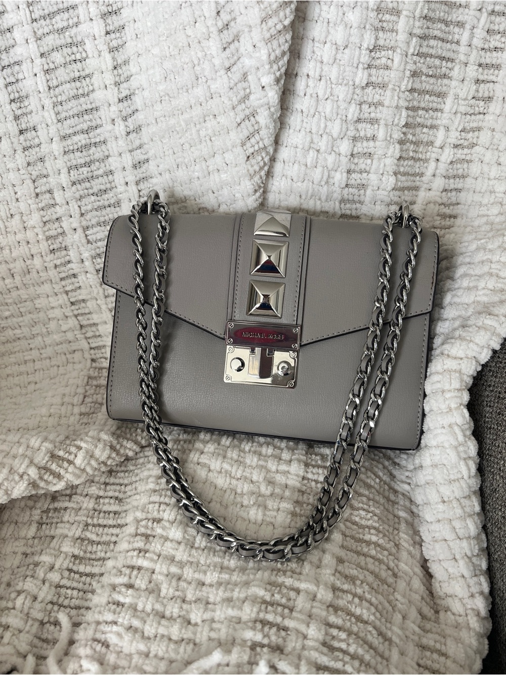 Michael Kors Gray Leather Chain Crossbody with Stud Accents